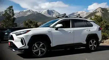 stock photo of rav4 prime interior Spacious, luxurious, comfortable, leather-clad interior of CS Mountain Rides' RAV4 Prime plug-in hybrid electric vehicle
