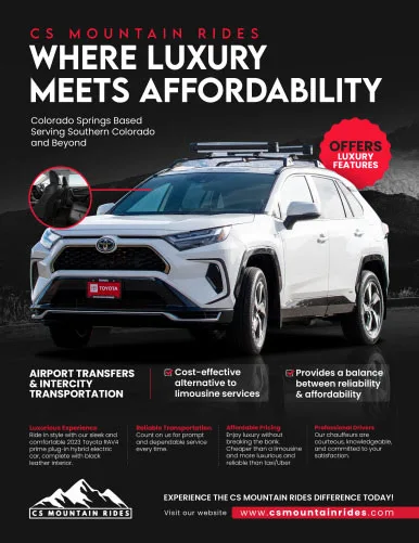 CS Mountain Rides affordable luxury private transportation flyer. White RAV4 SUV with the CS Mountain Rides logo and information about the company