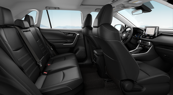 stock photo of rav4 prime interior Spacious, luxurious, comfortable, leather-clad interior of CS Mountain Rides' RAV4 Prime plug-in hybrid electric vehicle